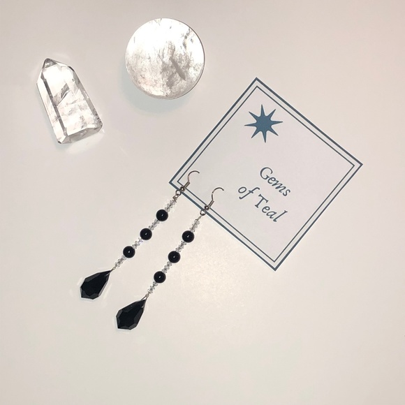 Gems of Teal Jewelry - SOLD Jet and Swarovski Crystal Tux Drop Earrings